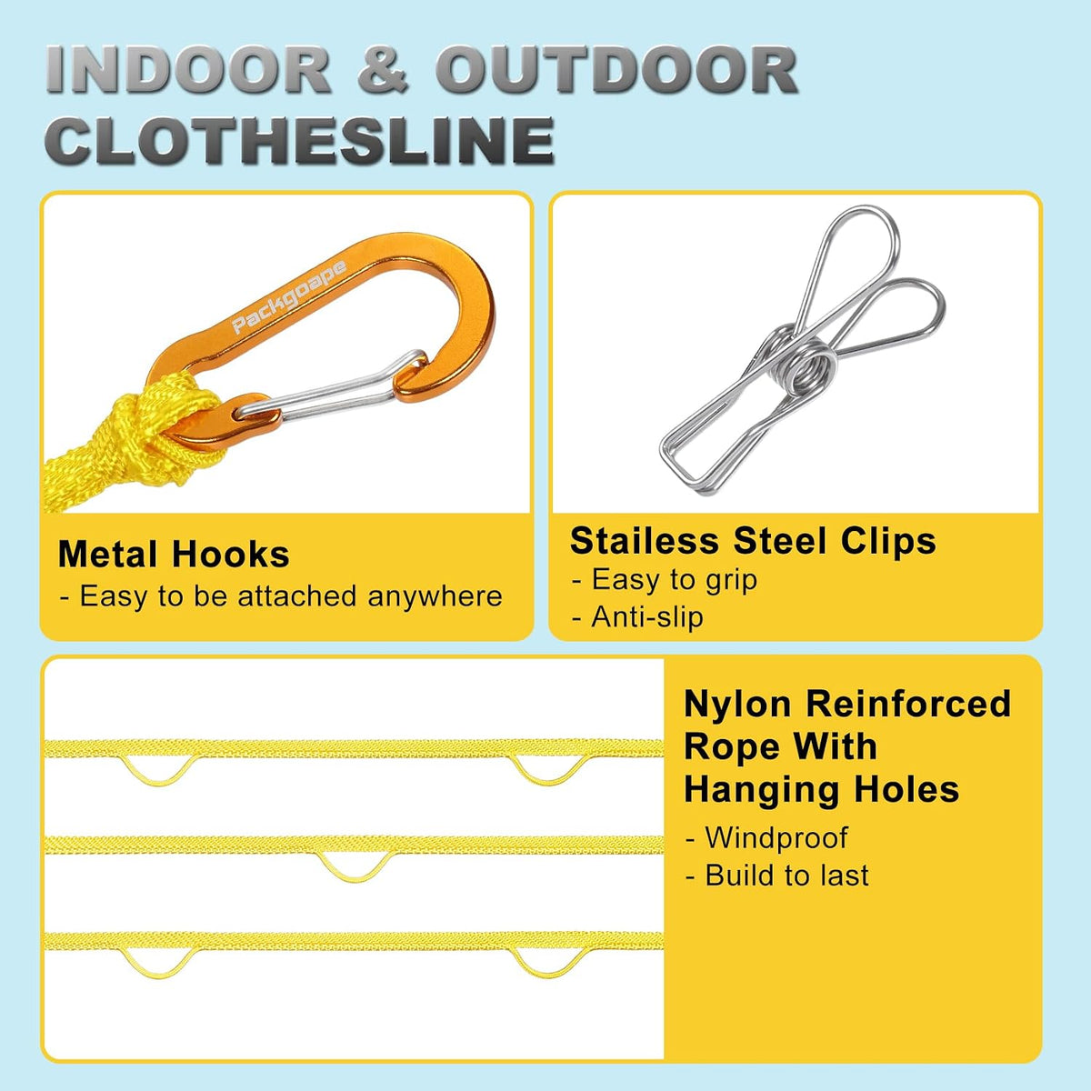 Portable Travel Clothesline, Windproof Clothes Laundry Line with Clothespins & Hang Holes, Indoor & Outdoor Clothes Drying Rope for Hotel, Backyard,Cruise Ships, Camping (Yellow, 16 Ft)