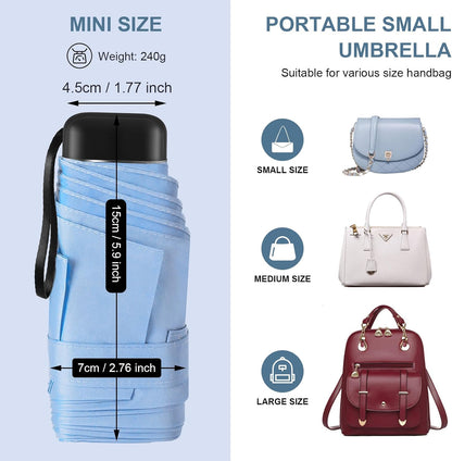 Mini Umbrella for Travel with Case Small Compact Sun Rain Tiny for Purse