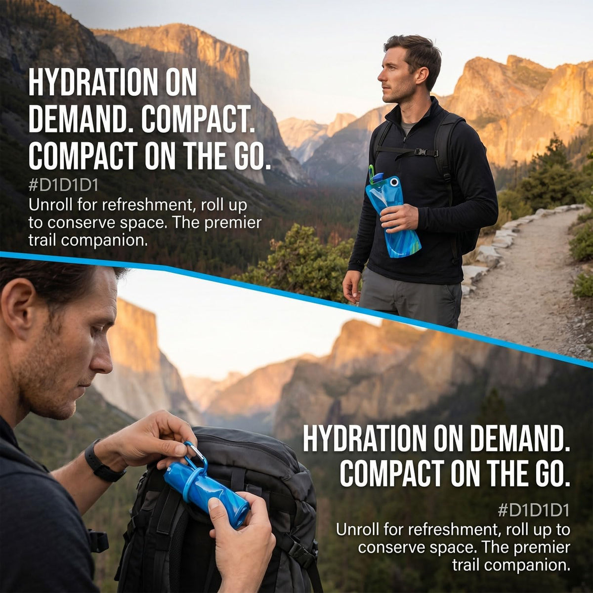 5 Pack Collapsible Water Bottles With Carabiner, 34oz Foldable Water Bottle with Leakproof Lid, Food-Grade Silicone Portable Reusable Water Bottle for Hiking,Sports,Camping,Biking, Traveling