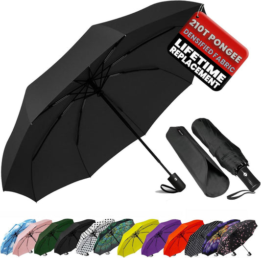 SIEPASA Compact Travel Umbrella - Windproof Auto Open/Close, Small Folding Umbrella for Rain - Lightweight & Durable with Fiberglass Frame, Waterproof Canopy - Fits Backpack, Purse, Suitcase. (Black)