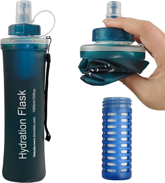 1L Collapsible Water Bottle with Filter for Hiking Backpacking(Green)