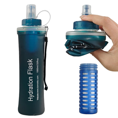 1L Collapsible Water Bottle with Filter for Hiking Backpacking(Green)