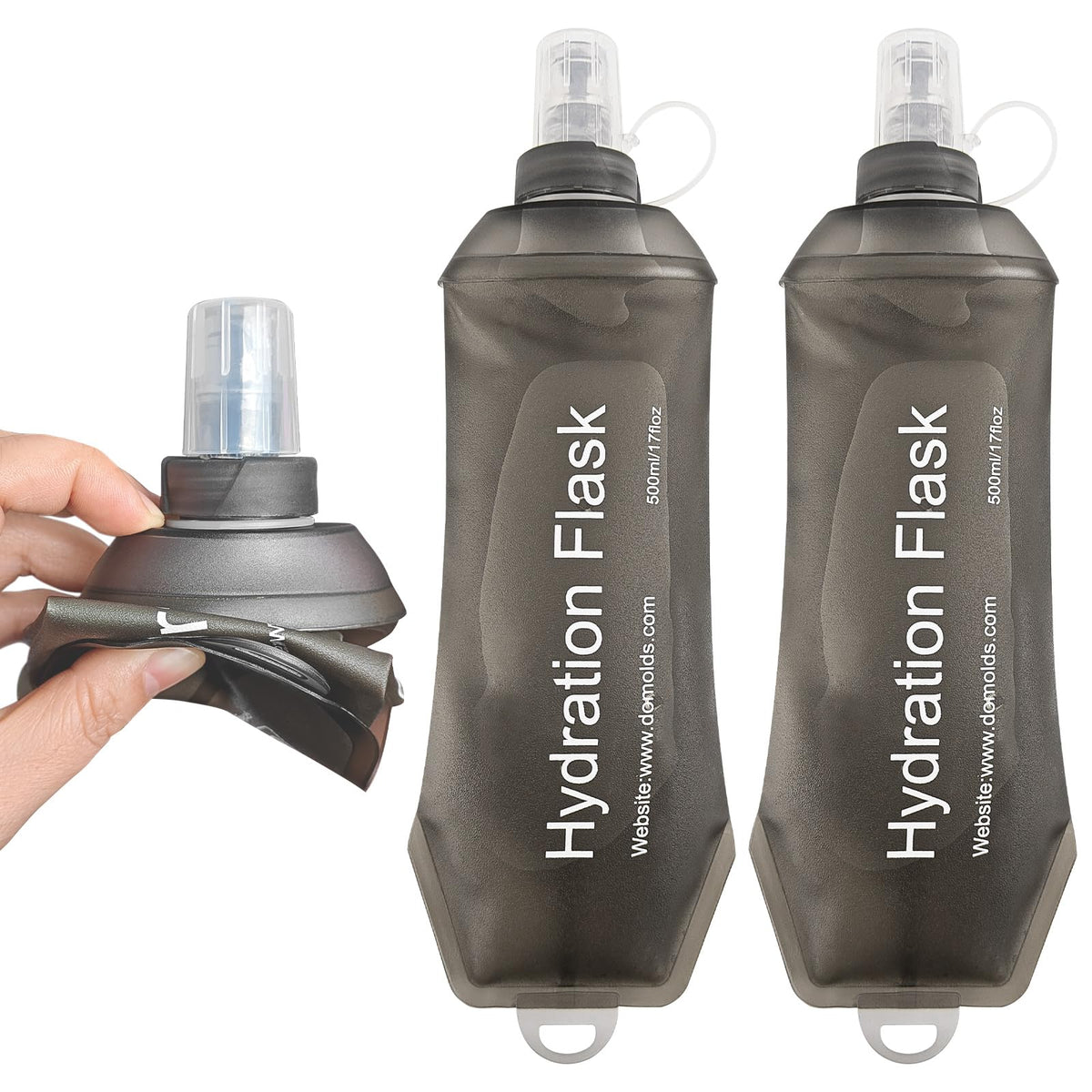 2 Pack 500ml Soft Flask, Shrink As You Drink Collapsible Water Bottles for Running Vest & Hydration Pack, BPA-Free Leak-Proof TPU Folding Bottle for Hiking Cycling Climbing Jogging-White