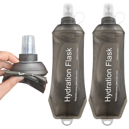 2 Pack 500ml Soft Flask, Shrink As You Drink Collapsible Water Bottles for Running Vest & Hydration Pack, BPA-Free Leak-Proof TPU Folding Bottle for Hiking Cycling Climbing Jogging-White