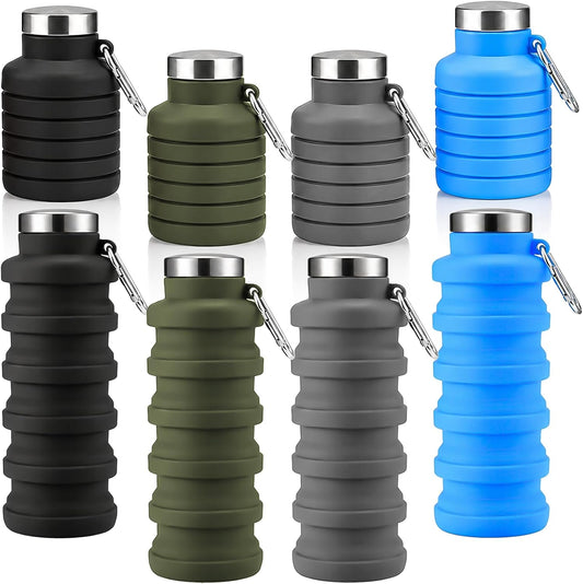 4 Pack Collapsible Water Bottles, 16oz Portable Reusable Silicone Water Bottle, Foldable Water Bottles for Travel Gym Camping Hiking, Leak Proof Sports Water Bottle with Carabiner (Deep Color)