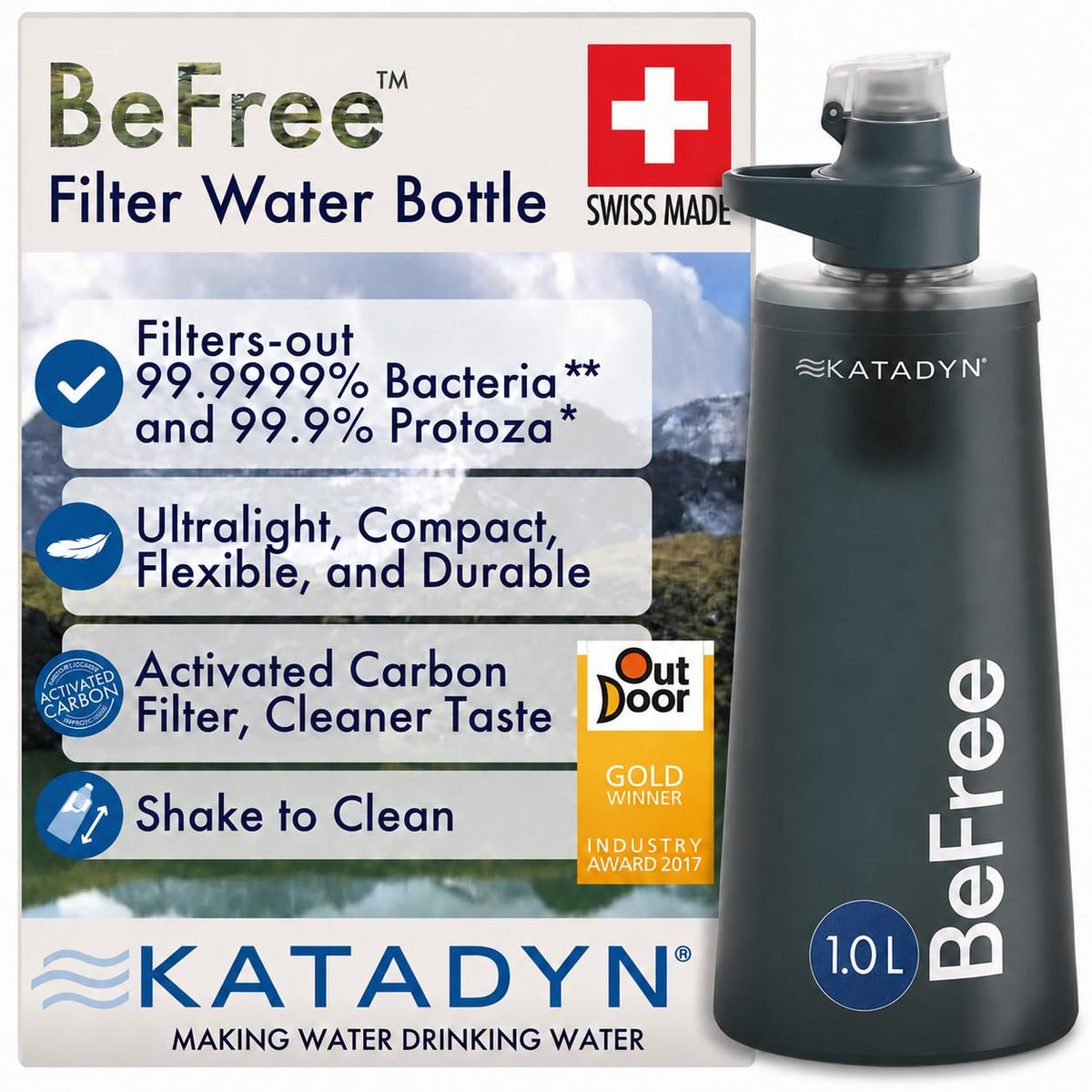 Katadyn BeFree 1L Lightweight Collapsible Water Filter Bottle for Outdoors