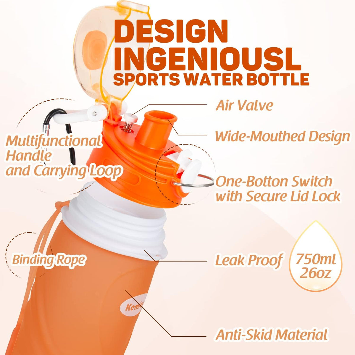 Collapsible Silicone Water Bottles-750ML,Medical Grade,BPA Free Travel Water Bottle Can Roll Up,26oz,Leak Proof Foldable Sports & Outdoor Water Bottles