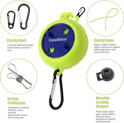 Portable Travel Clothesline Cord, Caudblor Adjustable 33ft Camping Clothes line, Laundry Drying Rope for Hotel Trip, Cruise, Outdoor/Indoor, with 12Pcs Stoppers, Windproof Clothespins