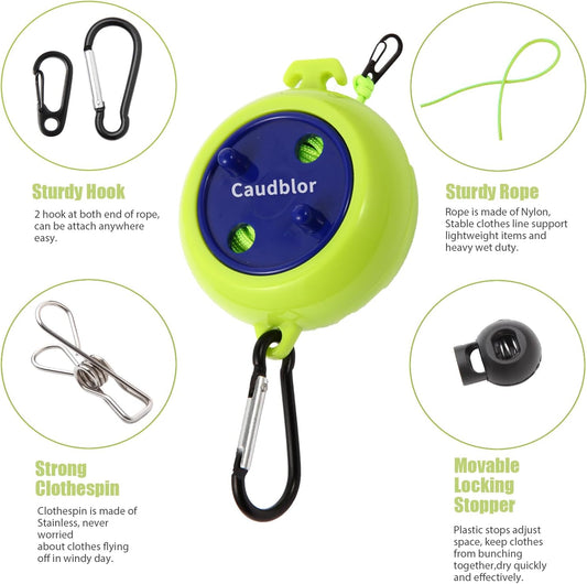 Portable Travel Clothesline Cord, Caudblor Adjustable 33ft Camping Clothes line, Laundry Drying Rope for Hotel Trip, Cruise, Outdoor/Indoor, with 12Pcs Stoppers, Windproof Clothespins