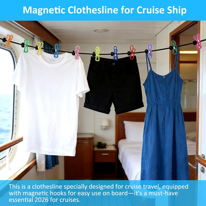 Travel Clothesline with Two Magnetic Hooks for Cruise RV Camper Essentials, Clothes Line 12 Clothes Clips for Cruise Camper RV Accessories, Portable Clothesline for Camper Essentials Car Accessories