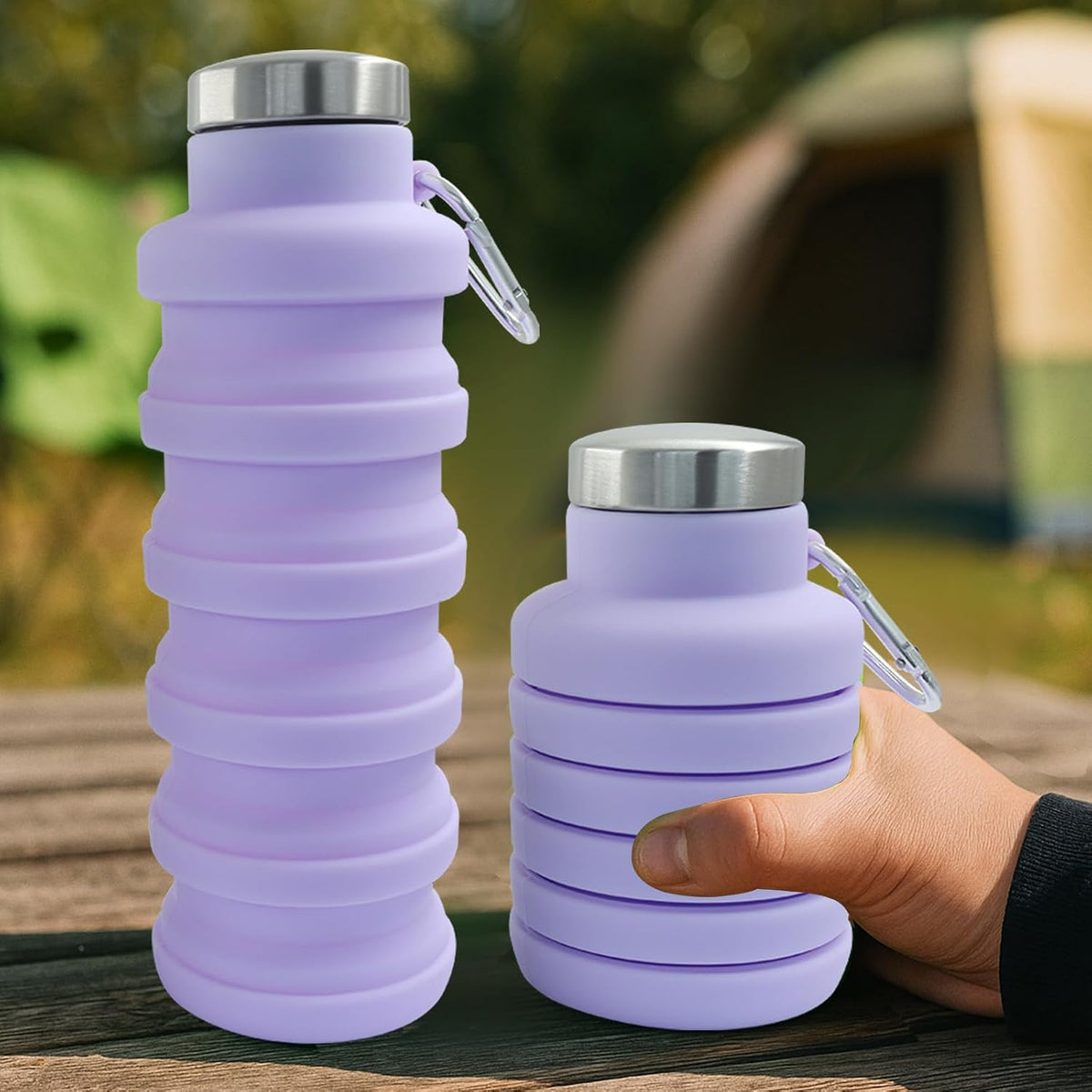 Silicone Collapsible Water Bottle, Black+Purple, 2 Pcs