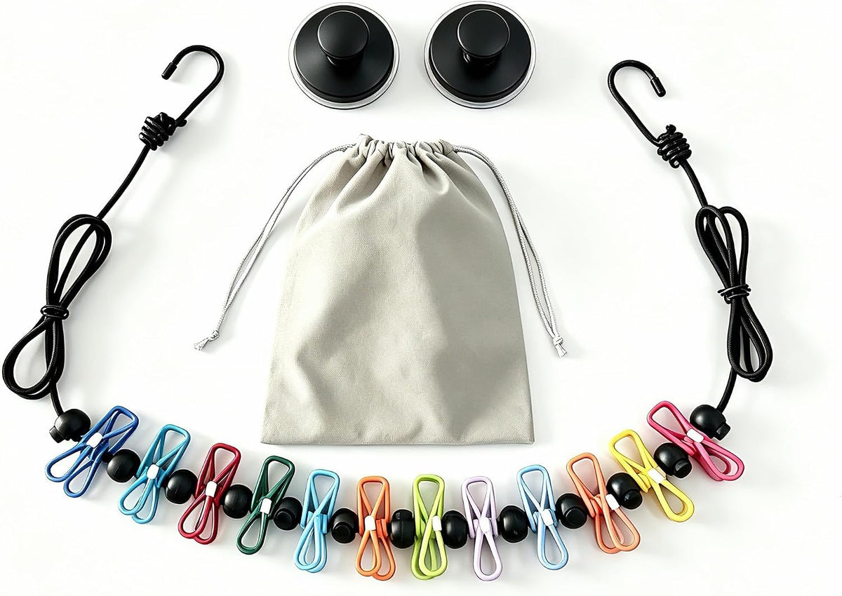 Portable Travel Clothesline, 5.9 Ft/1.8 m Clothes Line with 12 Clothes Clips, 13 Anti-Slip Buckles and 2 Suction Cup Hooks for Indoor and Outdoor Laundry Drying, Camping, RV, Hotel Bullet Points