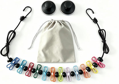 Portable Travel Clothesline, 5.9 Ft/1.8 m Clothes Line with 12 Clothes Clips, 13 Anti-Slip Buckles and 2 Suction Cup Hooks for Indoor and Outdoor Laundry Drying, Camping, RV, Hotel Bullet Points