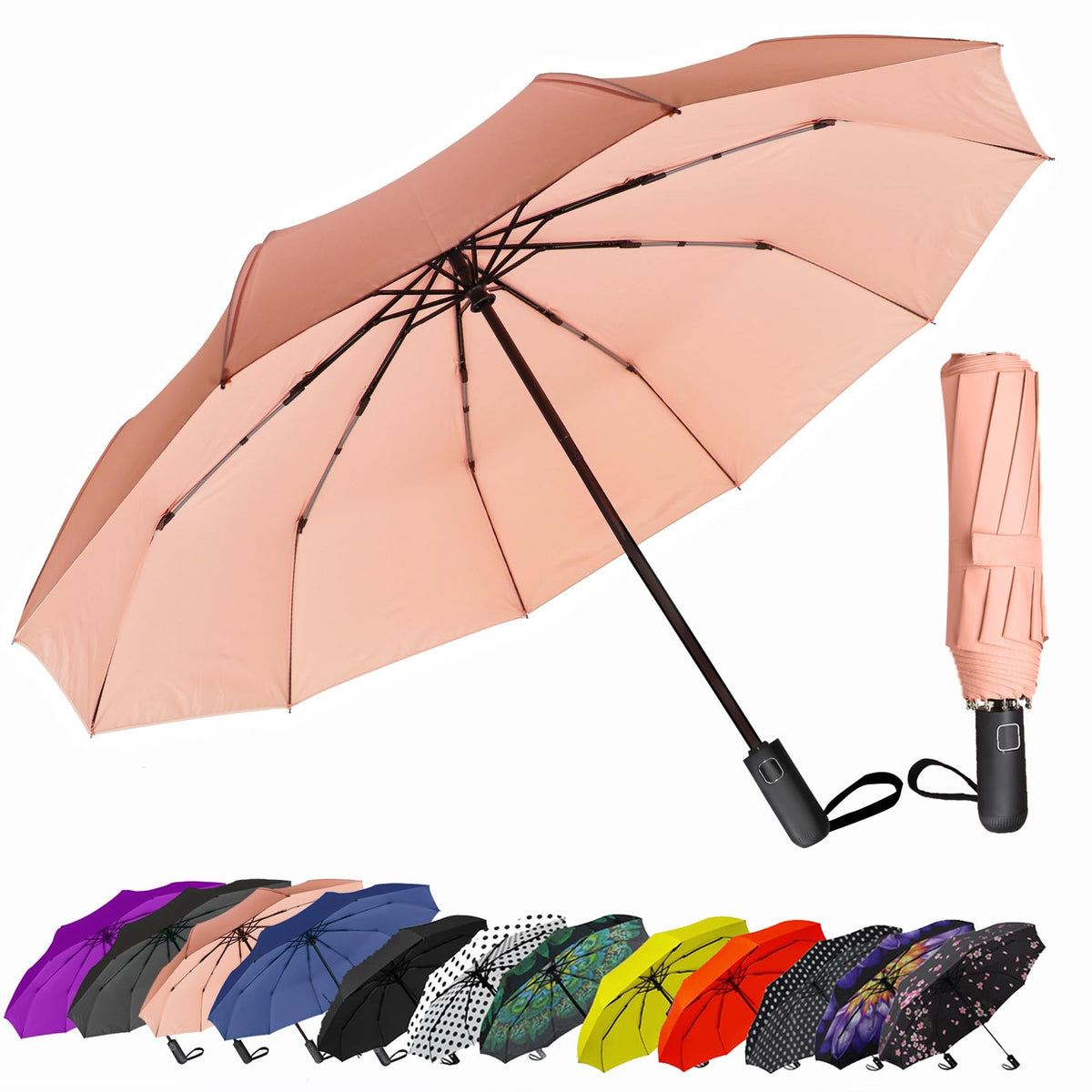 SIEPASA Compact Travel Umbrella - Windproof Auto Open/Close, Small Folding Umbrella for Rain - Lightweight & Durable with Fiberglass Frame, Waterproof Canopy - Fits Backpack, Purse, Suitcase. (Black)