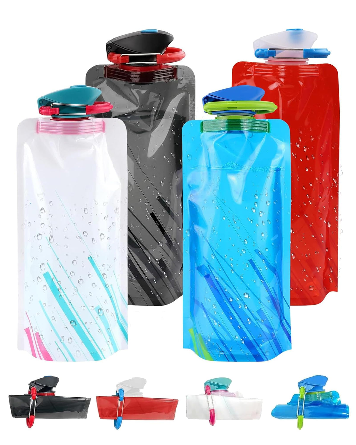 4 Pack Collapsible Water Bottle with Carabiner, 23oz Foldable Reusable BPA-Free Water Bottles with Leakproof Lid for Traveling Hiking Camping Biking