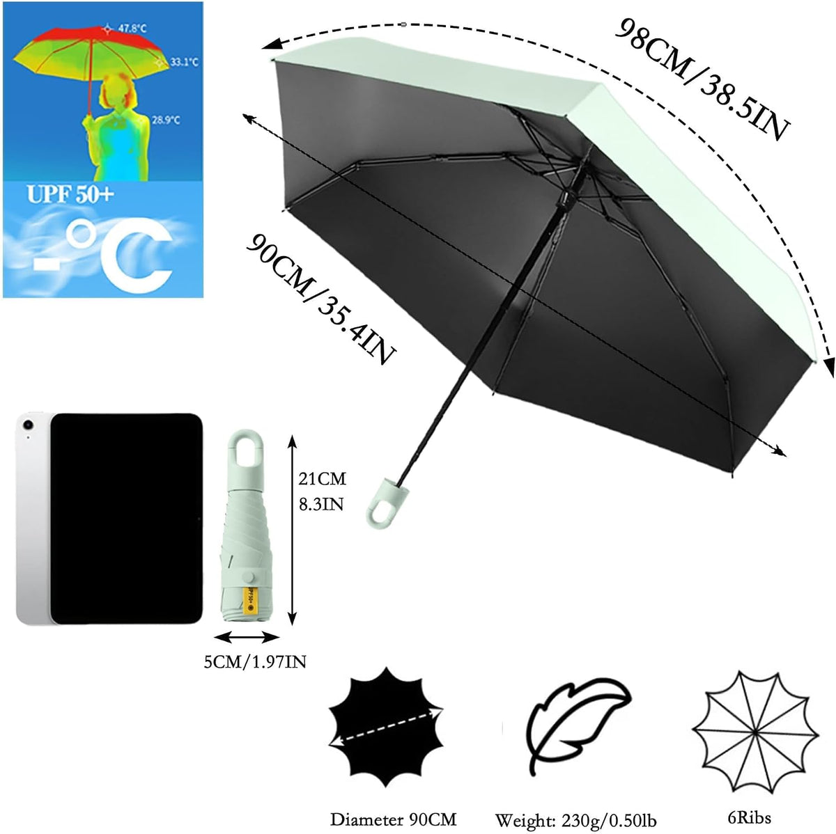 Mini Travel Folding Umbrella With Rotating Open&Close Ring Carabiner Handle for Women Kids - Small Portable Pocket Parasol,Lightweight Compact,6 Ribs,UV Protection,UPF 50,Rain Sun,Backpack