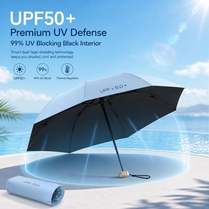 Compact Travel Umbrella, Mini Umbrella - UPF 50+ UV Protection & Waterproof, Windproof 6 Ribs Fiberglass, Pocket-Sized 6.3in Folded, Lightweight 7.05oz for Backpack Travel, Travel Essentials with Black Cooling Tech, for Women and Men, Perfect for Airplane