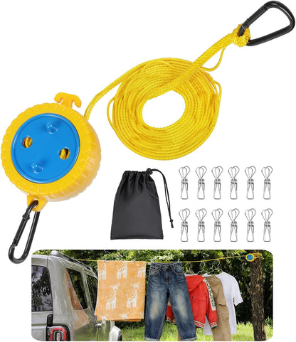 Retractable Camping Clothesline, Portable Travel Clothes Line, Windproof Laundry Line with Clothespins & Hang Holes, Indoor Outdoor Drying Rope for Hotel Trip, Cruise, RV (Yellow, 12.5 Ft)