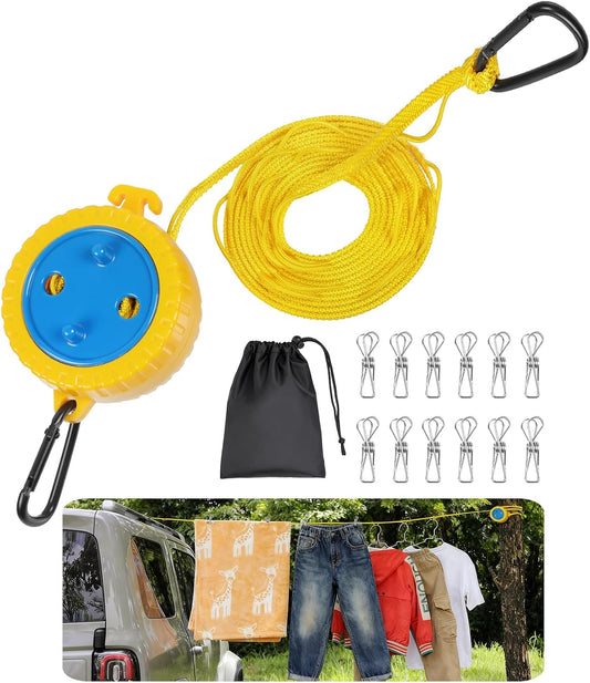 Retractable Camping Clothesline, Portable Travel Clothes Line, Windproof Laundry Line with Clothespins & Hang Holes, Indoor Outdoor Drying Rope for Hotel Trip, Cruise, RV (Yellow, 12.5 Ft)