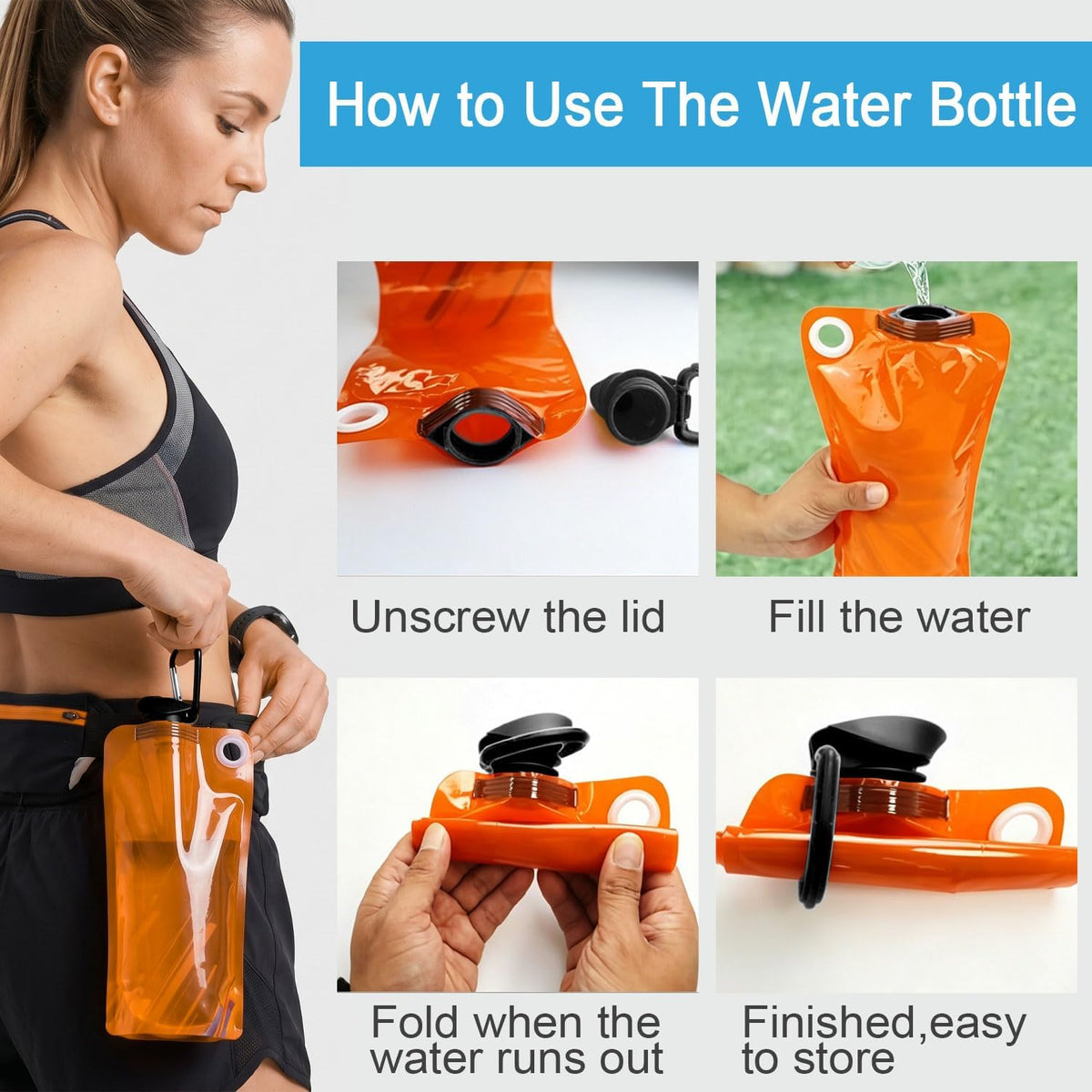 5 Pack Collapsible Water Bottles With Carabiner, 34oz Foldable Water Bottle with Leakproof Lid, Food-Grade Silicone Portable Reusable Water Bottle for Hiking,Sports,Camping,Biking, Traveling