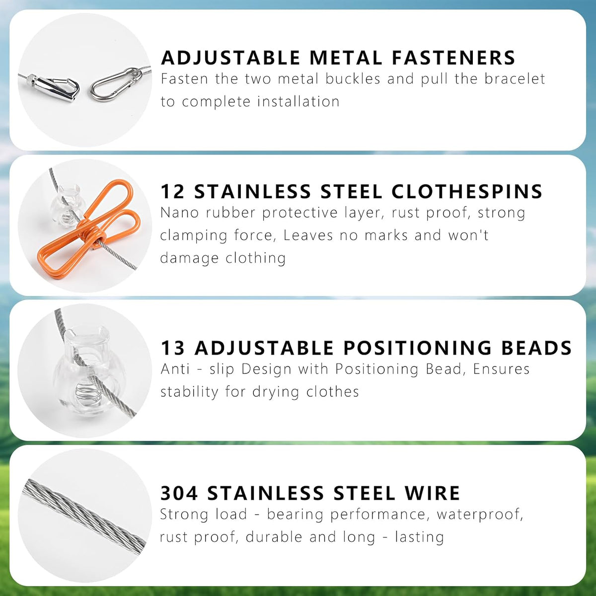 Travel Clothesline Length 9.8Ft with 12 Clothespins, Wire Rope Adjustable Length, Indoor Clothesline, Outdoor Camping Accessories