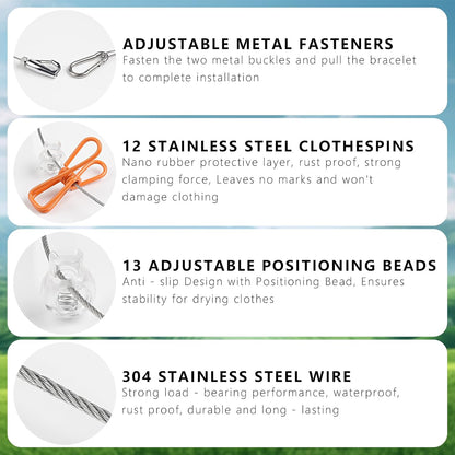 Travel Clothesline Length 9.8Ft with 12 Clothespins, Wire Rope Adjustable Length, Indoor Clothesline, Outdoor Camping Accessories