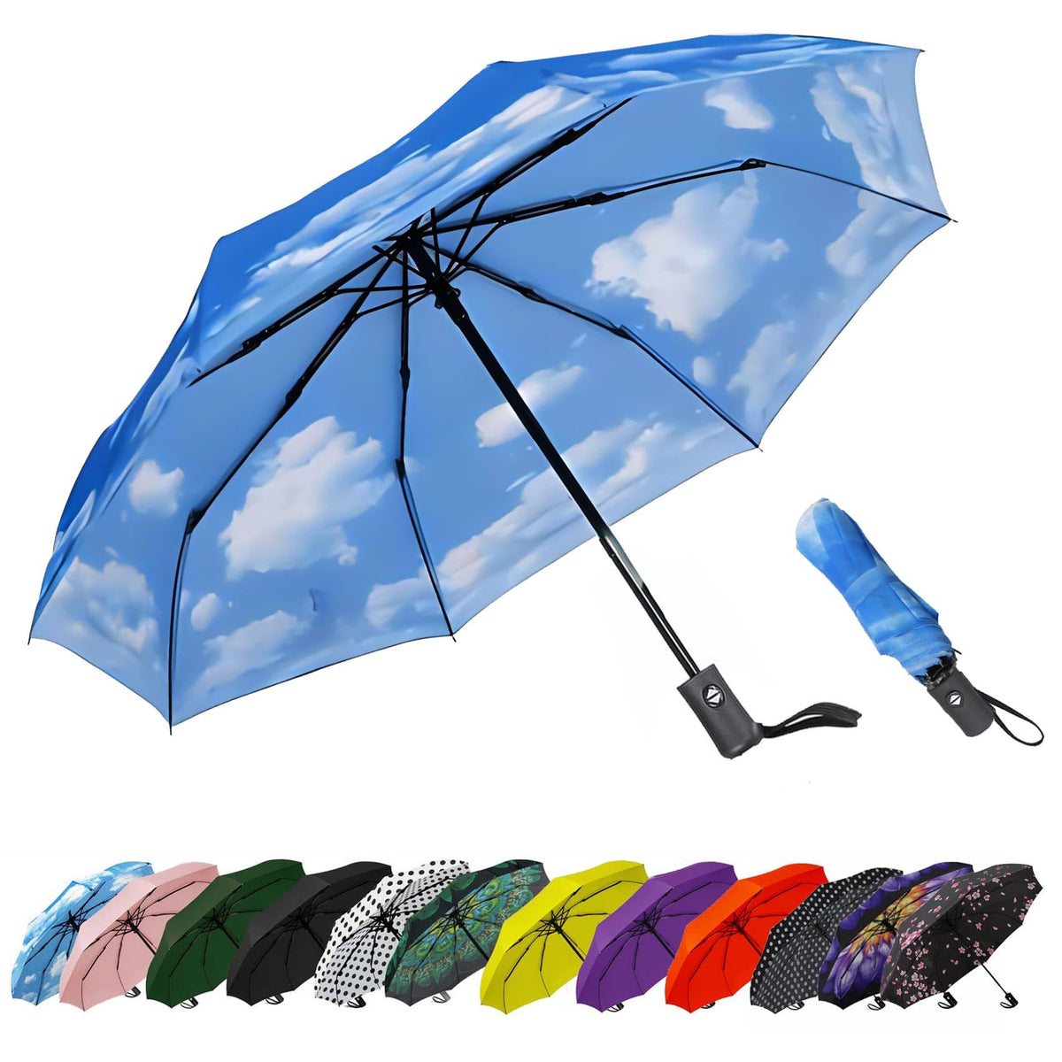 SIEPASA Compact Travel Umbrella - Windproof Auto Open/Close, Small Folding Umbrella for Rain - Lightweight & Durable with Fiberglass Frame, Waterproof Canopy - Fits Backpack, Purse, Suitcase. (Black)