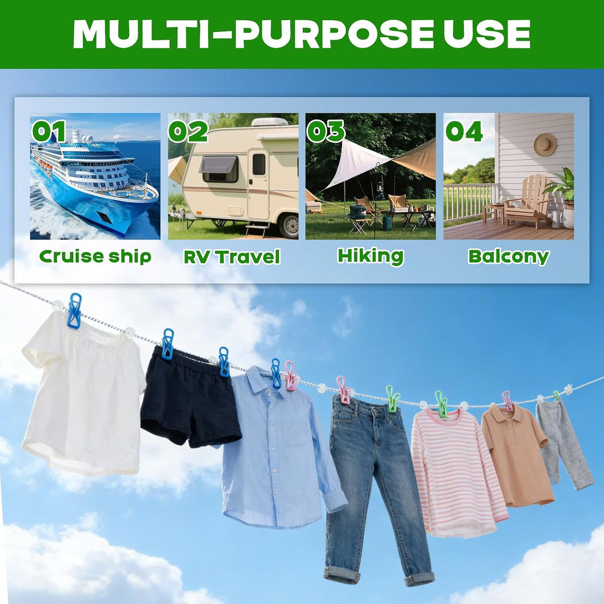 2 Pack Magnetic Retractable Clothes Line for Cabin - Approved 2026 Cruise Essentials Clothes Drying Rack Travel Clothesline with Clothespins - Strong Magnets Hooks RV and Camping