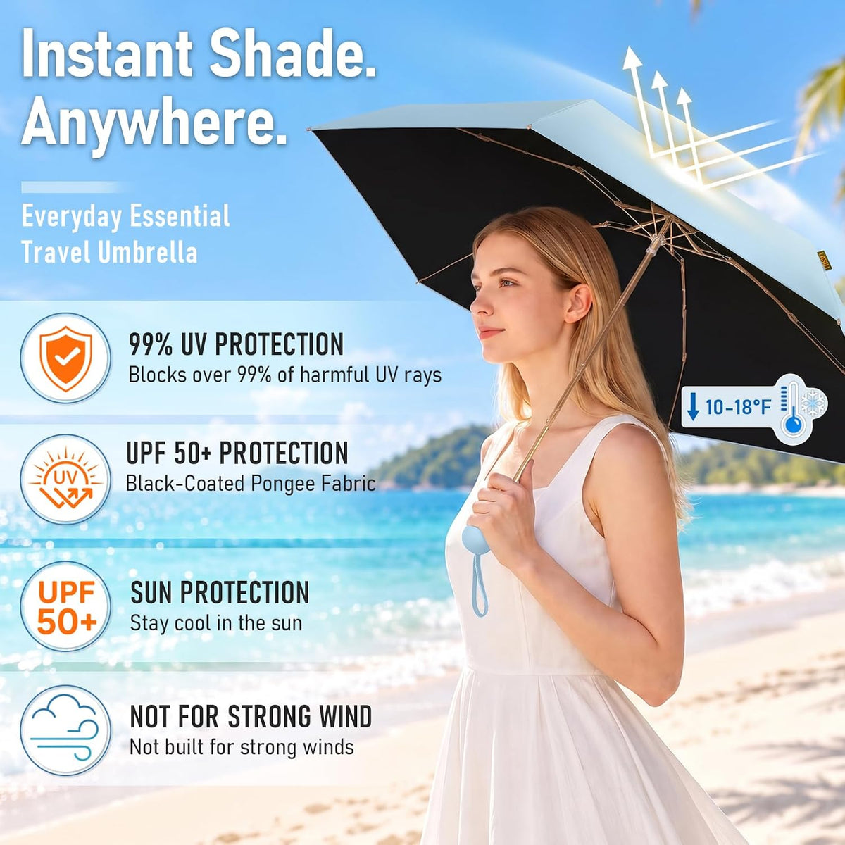 F3 MINI Travel Umbrella with UV Protection, Sun & Rain, 39" Arc