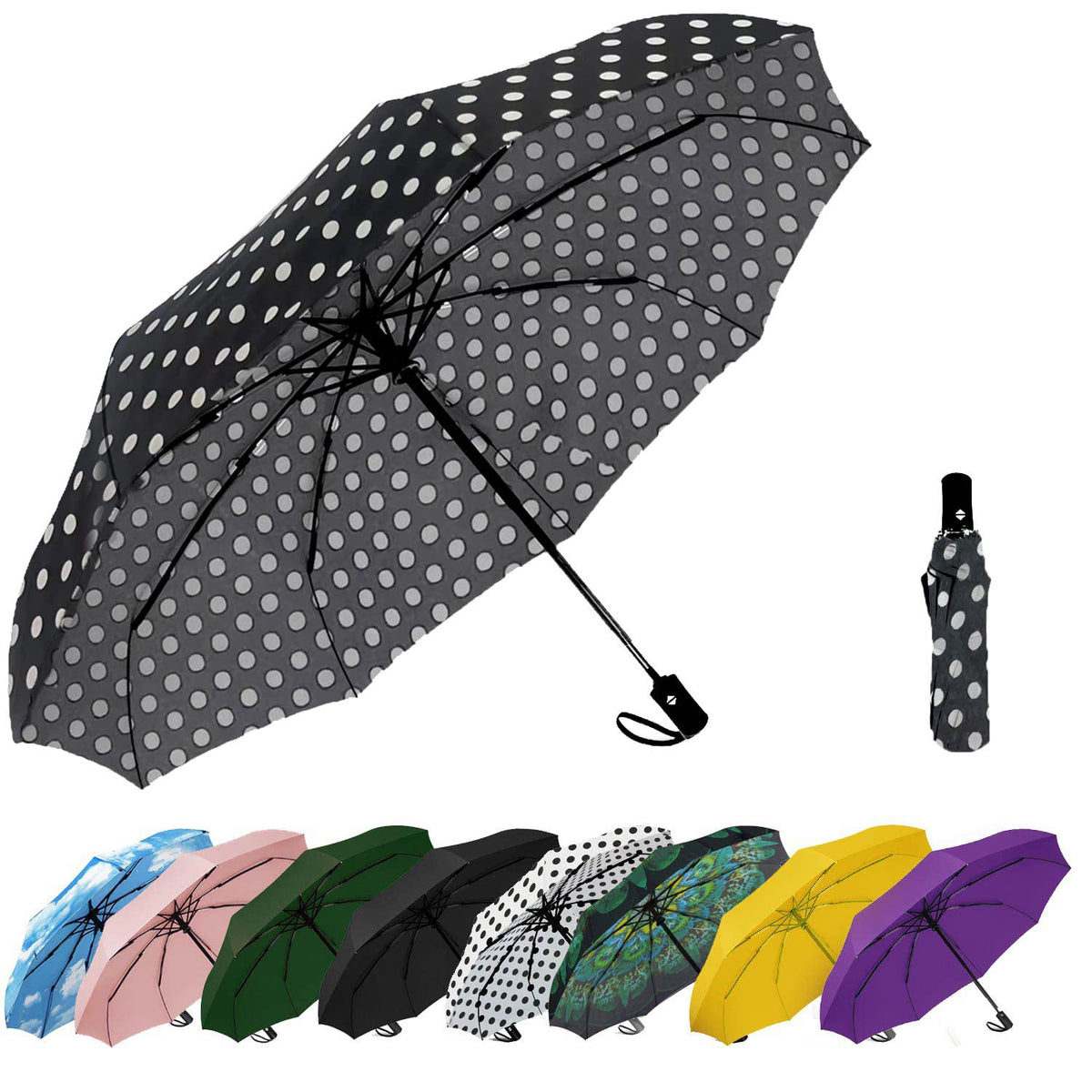 SIEPASA Compact Travel Umbrella - Windproof Auto Open/Close, Small Folding Umbrella for Rain - Lightweight & Durable with Fiberglass Frame, Waterproof Canopy - Fits Backpack, Purse, Suitcase. (Black)