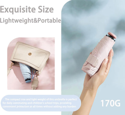 Mini Sun Travel UV Umbrella Anti UPF 50 Protection 99.9% Micro handle Coating Layer Fabric Compact/Lightweight Small Portable Backpack/Folding Purse Pocket Umbrella Rain/Blocking/Men Women Kids