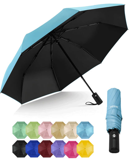HIPPIH Compact Travel Umbrella for Rain - Windproof Automatic Umbrellas, UV Umbrella for Sun Protection with Black Anti-UV Coating, Portable Small Umbrellas for Backpack, Car, Walking, Kids, Women