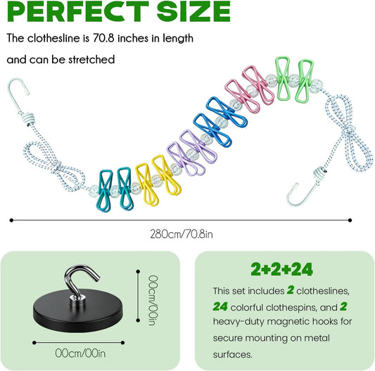 2 Pack Magnetic Retractable Clothes Line for Cabin - Approved 2026 Cruise Essentials Clothes Drying Rack Travel Clothesline with Clothespins - Strong Magnets Hooks RV and Camping