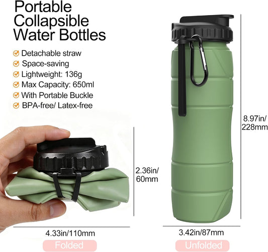 Collapsible Water Bottles, 22oz with Straw for Travel, Gym & Sports