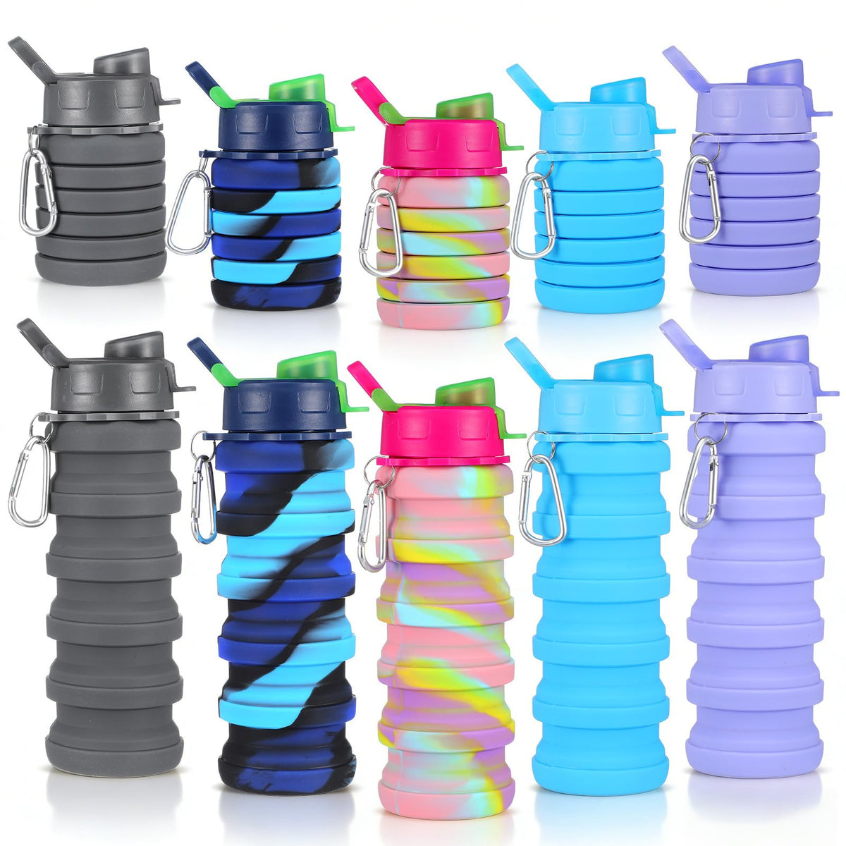 5 Pack Collapsible Water Bottles 17 oz Silicone Portable Lightweight Foldable Water Bottle with Carabiner Leakproof Reusable for Travel Camping Hiking Cycling Sport Outdoor(Rainbow)