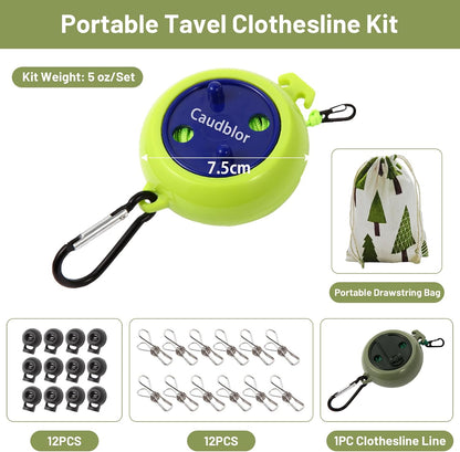 Portable Travel Clothesline Cord, Caudblor Adjustable 33ft Camping Clothes line, Laundry Drying Rope for Hotel Trip, Cruise, Outdoor/Indoor, with 12Pcs Stoppers, Windproof Clothespins