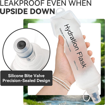 2 Pack 500ml Soft Flask, Shrink As You Drink Collapsible Water Bottles for Running Vest & Hydration Pack, BPA-Free Leak-Proof TPU Folding Bottle for Hiking Cycling Climbing Jogging-White