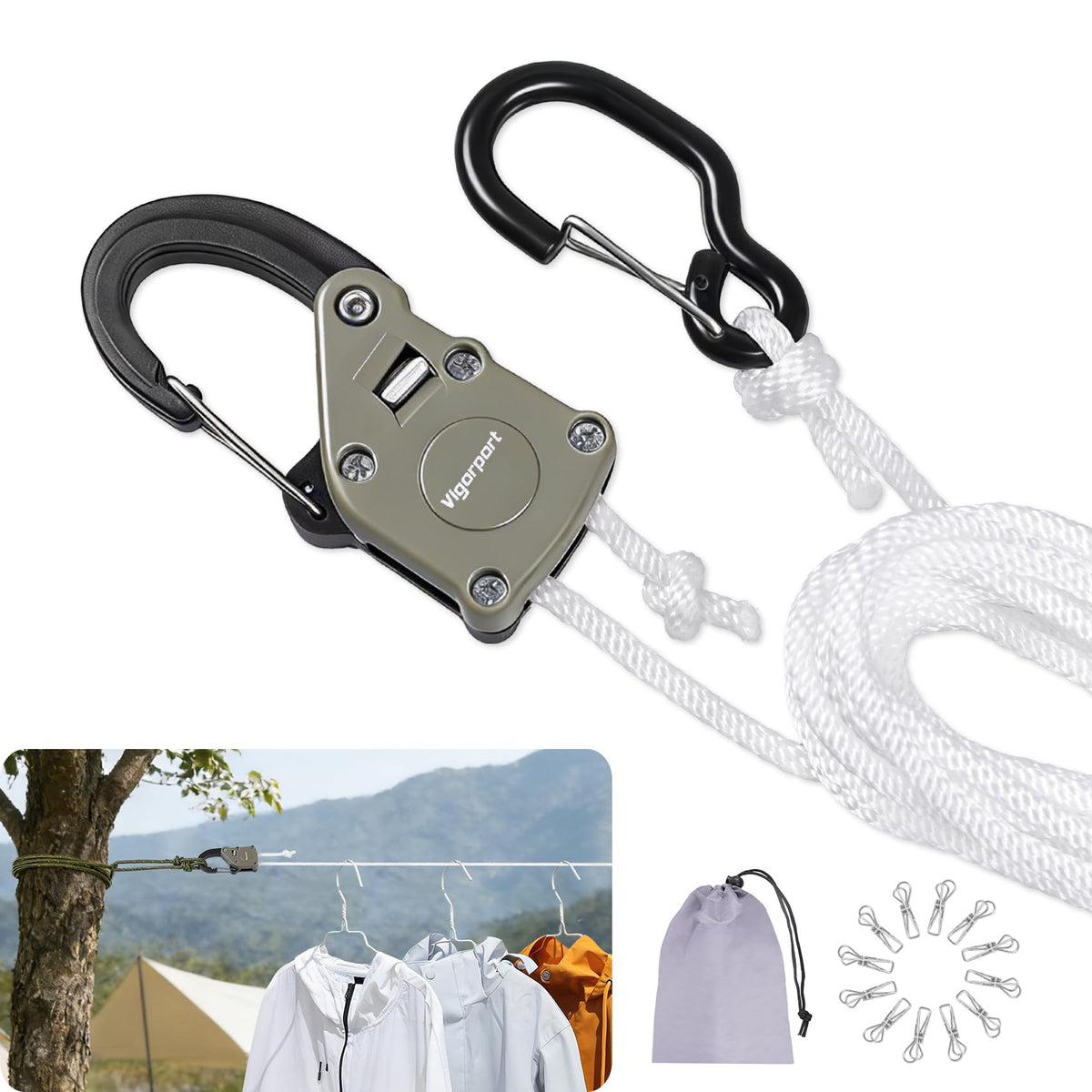 Vigorport Retractable Clothes Line Outdoors with Rope Self-Locking Pulley