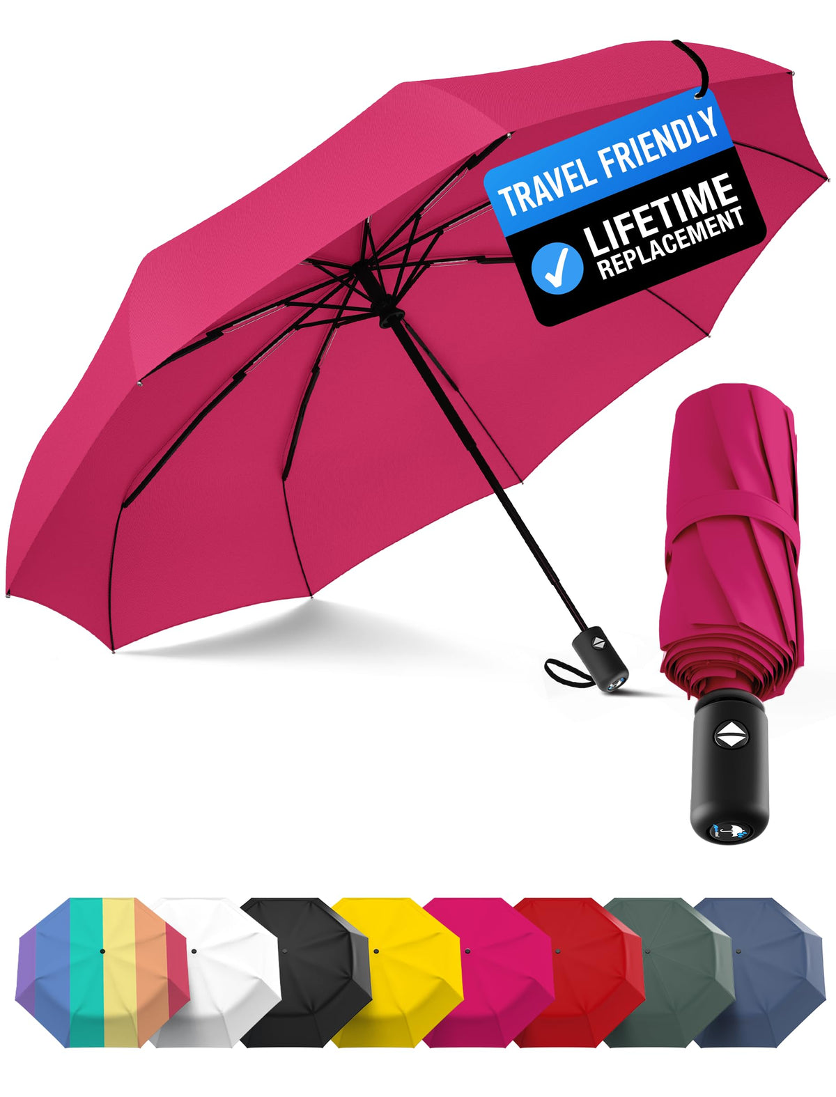 Rain-Mate Windproof Compact Umbrellas for Rain - Strong Reinforced Fiberglass Rib Design & Auto Open & Close - Portable Folding Travel Umbrella - Lightweight & Packable for Women & Men, Easy Collapse