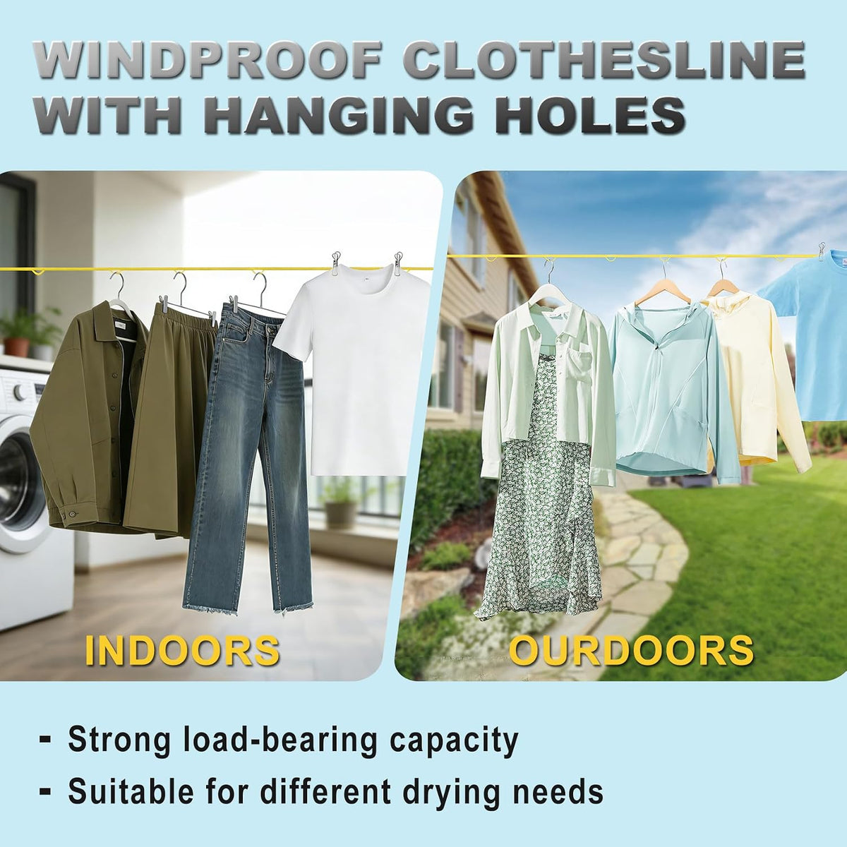 Portable Travel Clothesline, Windproof Clothes Laundry Line with Clothespins & Hang Holes, Indoor & Outdoor Clothes Drying Rope for Hotel, Backyard,Cruise Ships, Camping (Yellow, 16 Ft)