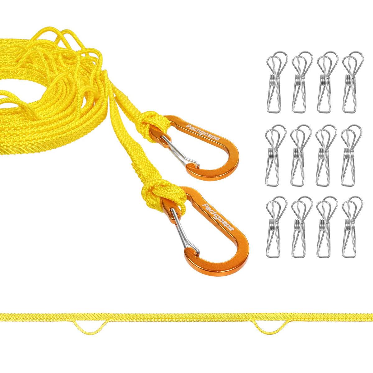 Portable Travel Clothesline, Windproof Clothes Laundry Line with Clothespins & Hang Holes, Indoor & Outdoor Clothes Drying Rope for Hotel, Backyard,Cruise Ships, Camping (Yellow, 16 Ft)
