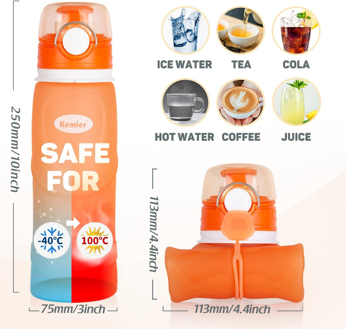 Collapsible Silicone Water Bottles-750ML,Medical Grade,BPA Free Travel Water Bottle Can Roll Up,26oz,Leak Proof Foldable Sports & Outdoor Water Bottles