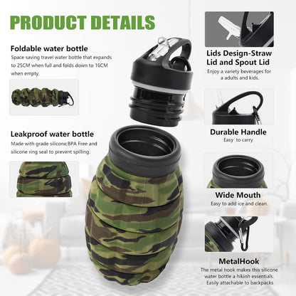 Collapsible Travel Water Bottle18oz, Reuseable Silicone Foldable Water Bottles for Gym Camping Hiking, Portable Leak Proof Sports Water Bottle with rugby Carabiner (Green)
