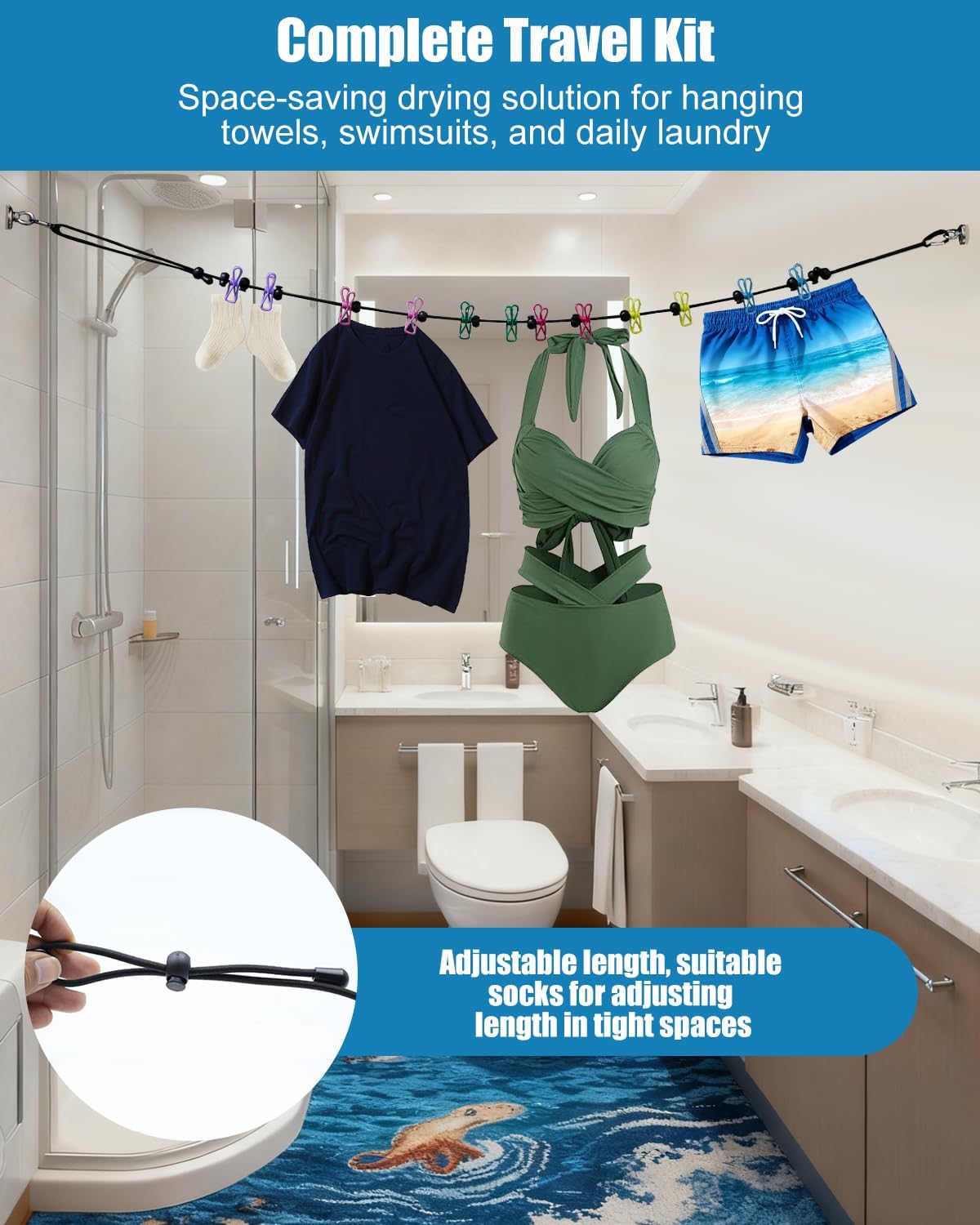 Magnetic Retractable Clothesline for Cruise Ship, 2026 Travel Clothesline with 12 Anti-Slip Clips & Waterproof Storage Bag, Portable Travel Laundry Line, Cruise Essentials for Cabin, Camping, RV