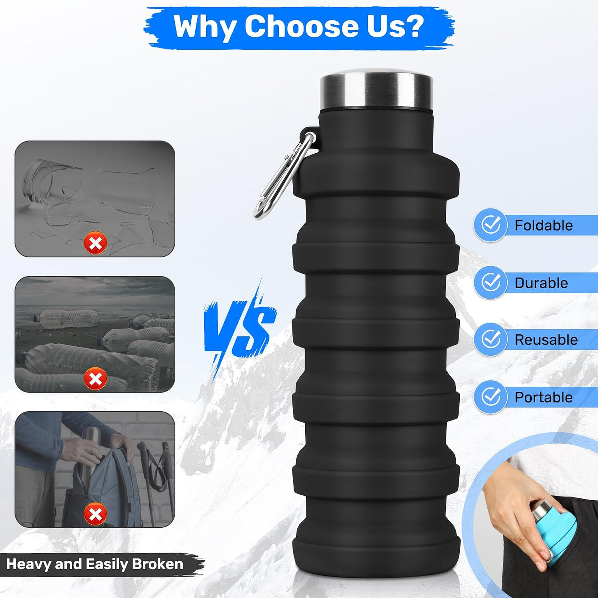 Collapsible Water Bottle, 16oz Portable Reusable Silicone Water Bottle with Carabiner for Gym, Travel, Camping, Hiking, Sports, Lightweight, BPA-Free, Leak-Proof, Foldable Design, Black