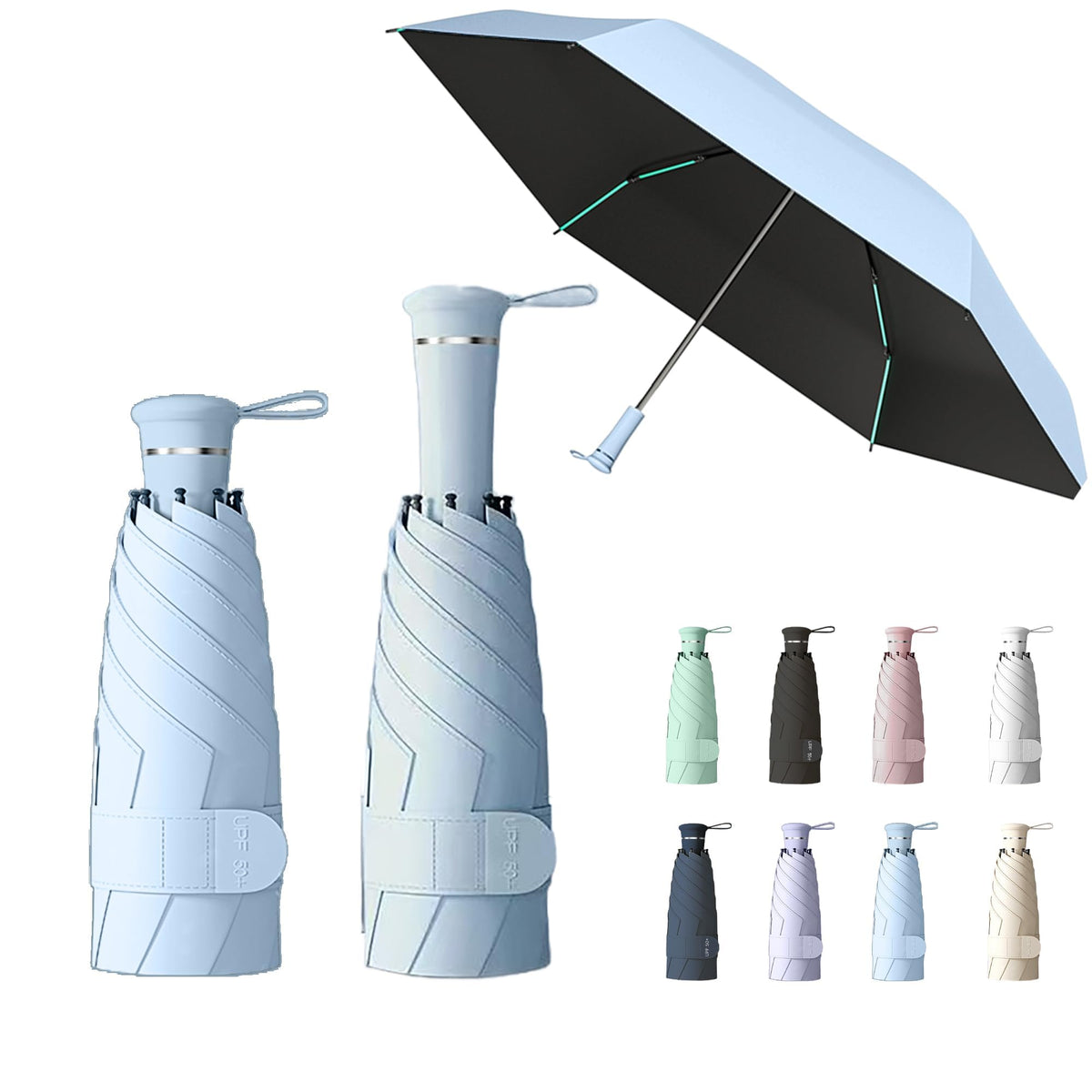 Mini Folding Travel Umbrella with Built-in Hidden Telescoping Handle,Teflon Coating, UPF 50+,UV Protection,Compact Lightweight Portable,6 Ribs Design,Small,Sun/Rain,Women/ Kids/Girls,Backpack Car