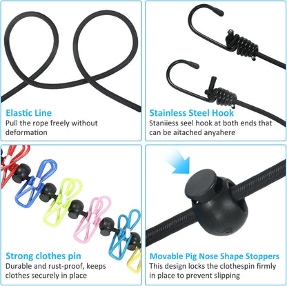 Travel Clothesline with Two Magnetic Hooks for Cruise RV Camper Essentials, Clothes Line 12 Clothes Clips for Cruise Camper RV Accessories, Portable Clothesline for Camper Essentials Car Accessories