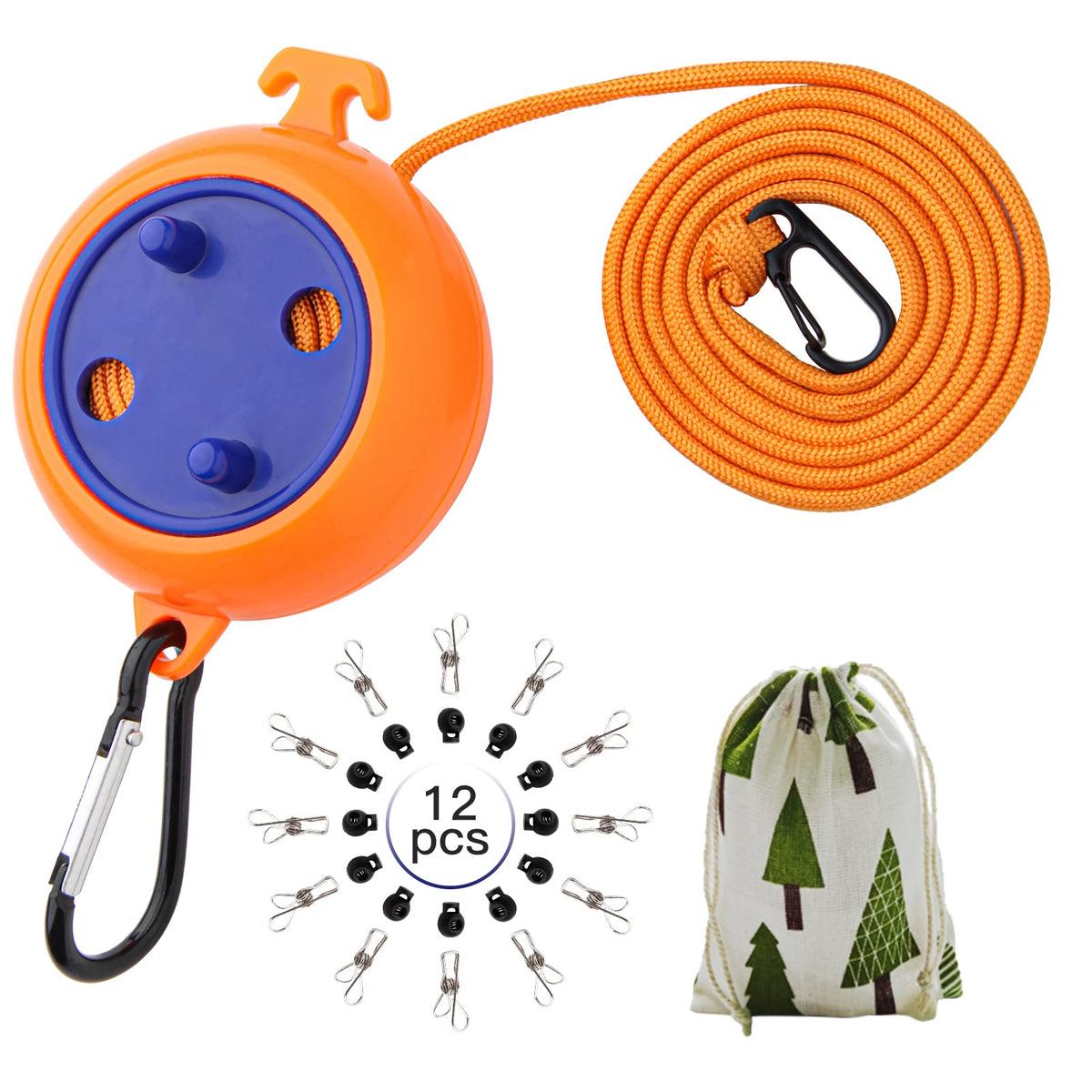 Portable Travel Clothesline Cord, Caudblor Adjustable 33ft Camping Clothes line, Laundry Drying Rope for Hotel Trip, Cruise, Outdoor/Indoor, with 12Pcs Stoppers, Windproof Clothespins