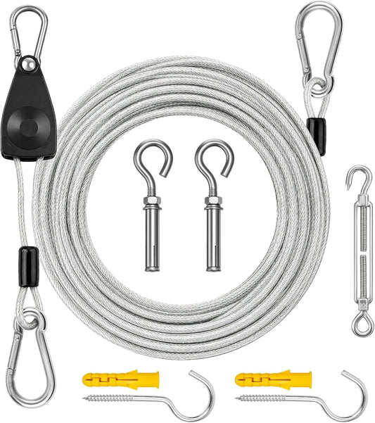 50FT Outdoor Clothesline Wire Rope System, Adjustable Steel Laundry Line with Pulley & Turnbuckle, Heavy Duty Clothes Line for Backyard, Travel & Outdoor Drying (Clear)