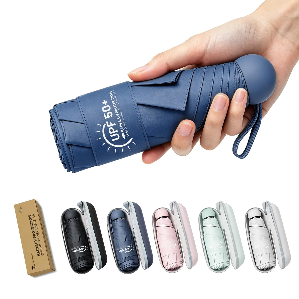 SY COMPACT Mini Travel Umbrella, UPF 50+ Rain & UV Sun Protection, Small Windproof & Lightweight Portable Umbrella with Zipper Case, Fits in Purse Travel Essential for Men Women